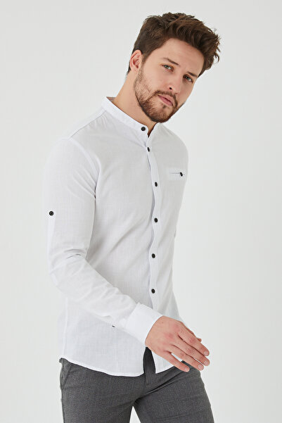 RAVANELLI Slim Fit Hakim Yaka Cotton in Linen Look Flam Foldable Long Sleeve Men's Shirt