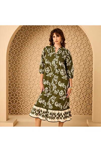 Generic Printed Linen Blend Dress with Mandarin Collar