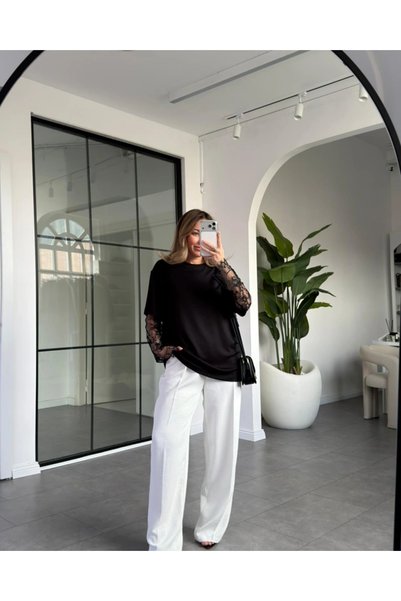 khar Kadın Mardiya Dantel Detaylı Oversize T-Shirt Bluz Rahat Kesim Günlük Şık Kombin Bluz
