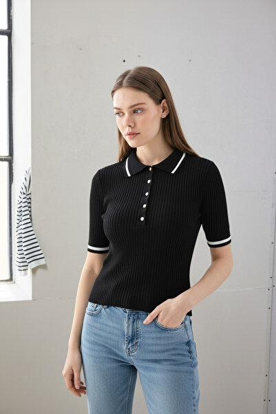 Butik Kadın Polo yaka düğmeli merserize triko