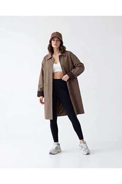 SPICA STORE Kadife Manşet Detaylı Pamuk Karışımlı Oversize Midi Boy Trençkot