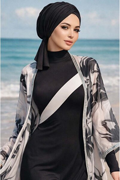 Aişe tesettür قبعة سباحة سوداء برباط للإغلاق - قبعة للبحر وحمام السباحة