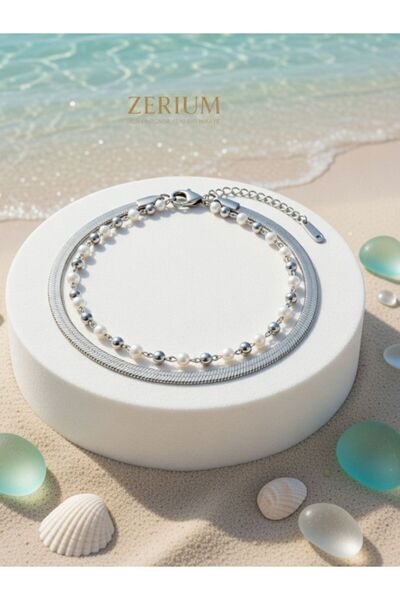 ZERİUM İnci Detaylı Kadın Çelik Halhal Çift Zincir