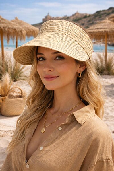 HAZAL KAYA ATELIER Beige Straw Visor Tenisci Women's Hat