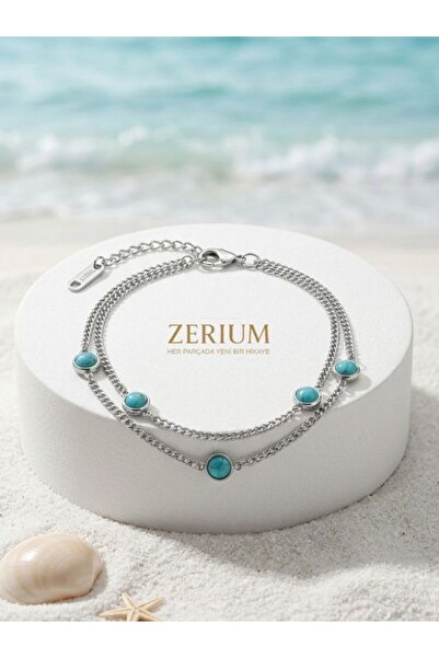 ZERİUM Çift Zincir Turkuaz Taşlı Kadın Halhal