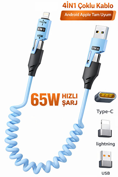 Tech&bello accessories 65W 4İN1 Çoklu Spiral İphone Android Hızlı Şarj Ve Dat...