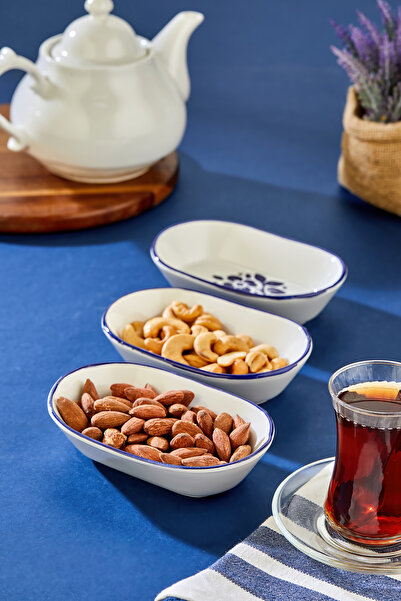 Akkoyunlu home Blue Floral Print Ceramic Oval Snack Bowl Set of 3 Breakfast S...
