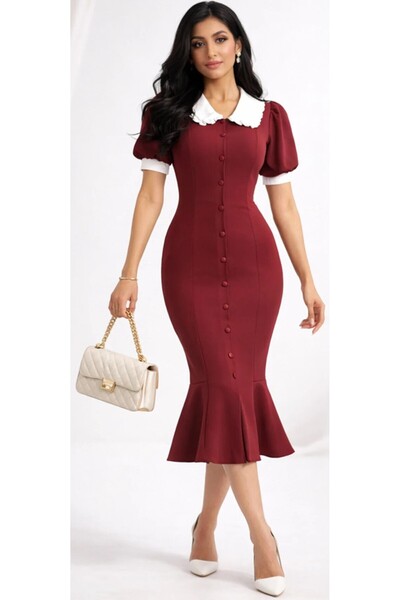 Abad A soft Turkish dress in burgundy with a white collar