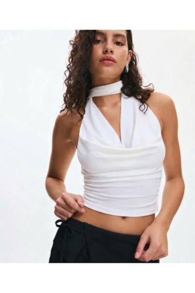 Linich&Co Top Halter pentru femei decolteu larg cu decolteu cu detaliu cu șnu...