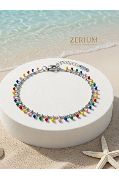 ZERİUM Minimal Renkli Boncuklu Kadın Halhal Kararmaz Çelik
