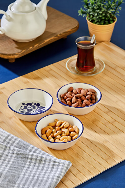 Akkoyunlu home Blue Floral Print Round 3-Piece Ceramic Snack Bowl and Sauce B...