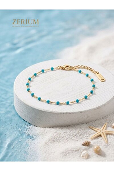 ZERİUM Turkuaz Boncuklu Kadın Çelik Halhal Minimal Tasarım