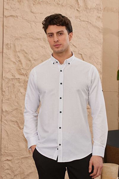 RAVANELLI Slim Fit Patterned Collar Buttoned Sports Long Sleeve Men's Shirt