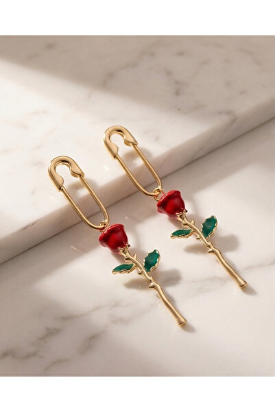 HOSBUTIK Gold red rose earrings