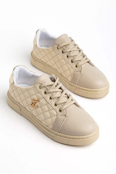Dilimler Ayakkabı Beige Women's Sports Shoes Quilted Stitched and Tied