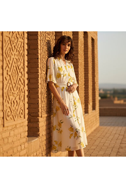 Generic Floral Print Flutter Sleeves Belted Dress