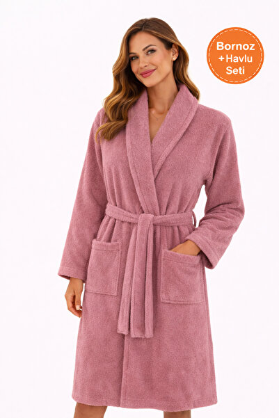 PİAURA Women's Plum Cotton Piece Towel and Bathrobe Set Shawl Collar Soft-Tex...