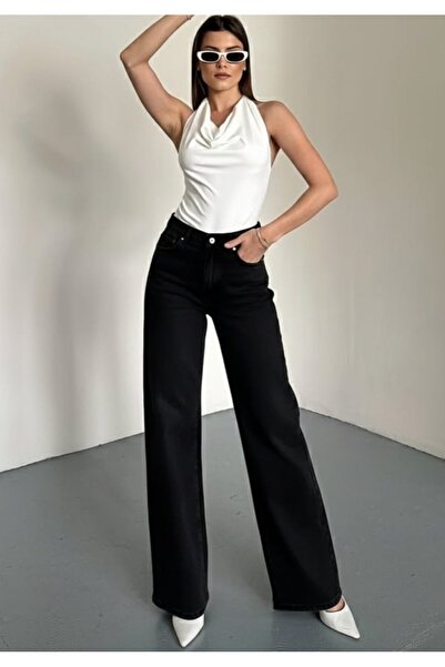 BİENAL BUTİK Women's Black Loose High Waist Lycra Wide Leg Denim Jeans