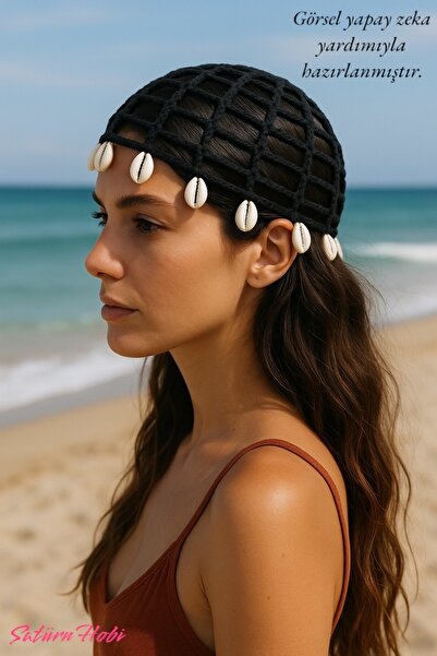 ozbience Μποέμ Καπέλο και Πόρπη από Μαύρο Διχτυωτό Ύφασμα με Λεπτομέρεια Κοχυ...