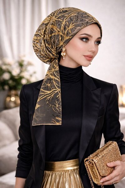 Aişe tesettür Siyah Gold Simli Abiye Eşarp Bone
