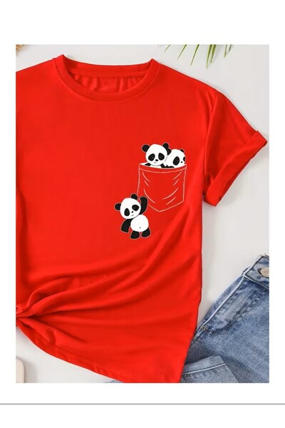 LAND MODA Tricou de damă cu imprimeu Panda Pocket Design