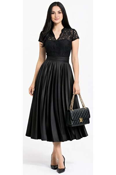 Abad Turkish black lace dress with satin pleats