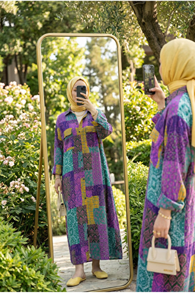 Kirazca Butik Kadın Bohem Desenli Hakim Yaka Boydan Düğmeli Tesettür Gömlek E...