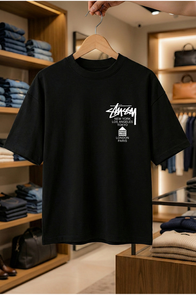 SELF CONTROL تي شيرت صيفي بأكمام قصيرة مضاد للعرق قطن قطعة مطبوع تي شيرت بشعار Stussy مزخرف بالخط