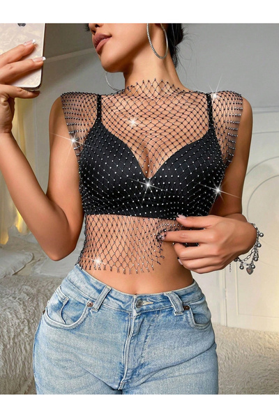 Veille Stoned Mesh Body Accessory Blouse, Women's Sparkling Chain Cropped ,To...