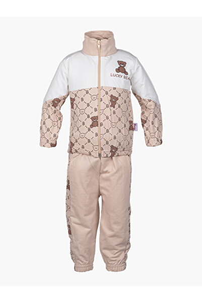 Baby Cara طقم ملابس للأطفال مكون من جاكيت وبنطال - تصميم شعار دب من قطن التركي