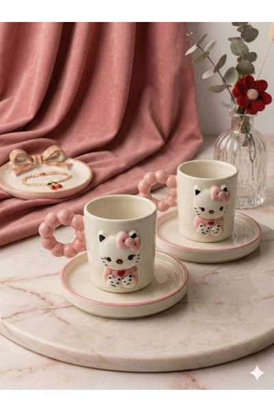 seda seramik El Yapımı Hello Kitty Tasarım 4 Parçalı 2 Kişilik Kahve Fincan T...