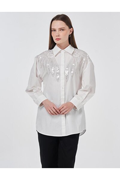 Kayra 100% βαμβακερό τουνίκ με παγιέτες και κεντημένα μαργαριτάρια, οπτικό λευκό