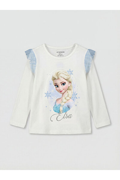LC Waikiki GiyÇık Store den Ekru Bisiklet Yaka Elsa Baskılı Kız Çocuk Tişört