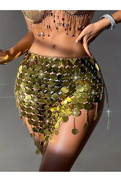 PERLMUTT Gold 1️⃣ Kadın Metal Pul Zincir Pareo Etek Festival Dans Kostümü Pla...