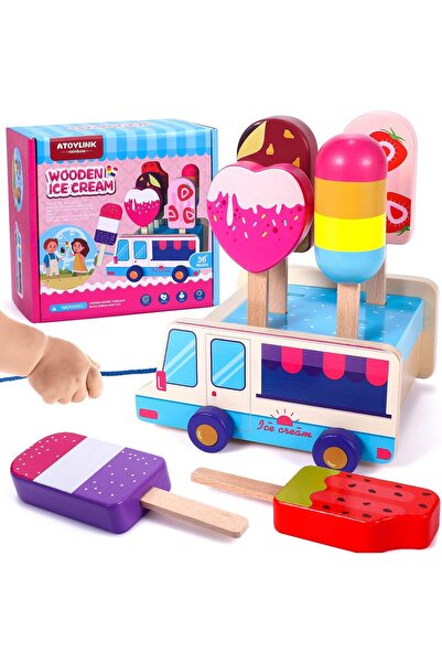 Toybox مجموعة ألعاب آيس كريم خشبية للأطفال، مجموعة ألعاب عربة الآيس كريم للعب...