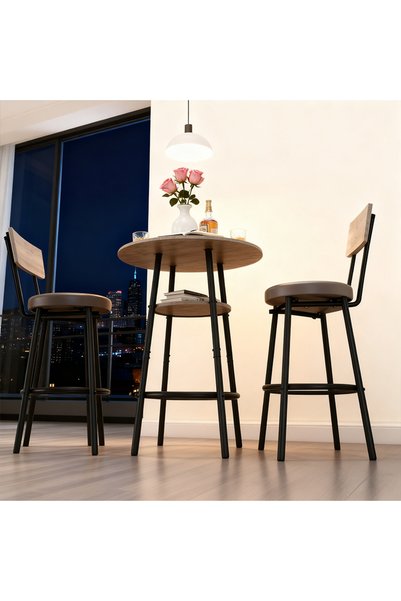 Zztcmp 3-Piece Round Bar Table and Chairs Set - Metal Frame with Wood Top, Upholstered Cushion Stools