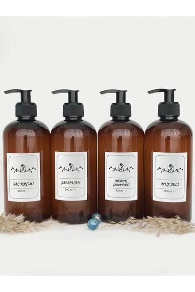 ozbience 4'lü Banyo Şişe Seti, Amber Cam Görünüm, 500 ml, Şampuan, Duş Jeli, ...