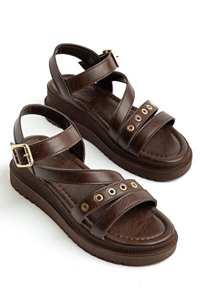 Dilimler Ayakkabı Women's Wedge Heel Sandals Brown Cross-Strapped Troklu