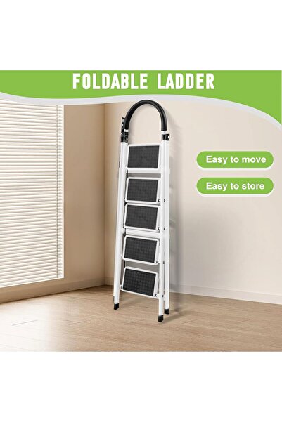 BESTONE 5-step foldable ladder, sturdy steel folding stool, wide non-slip ped...