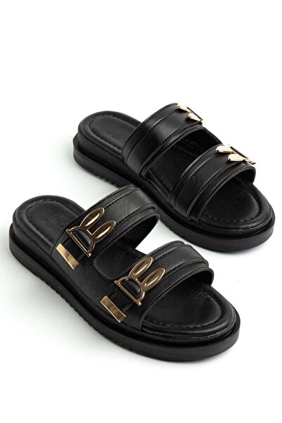 Dilimler Ayakkabı Women's Wedge Heel Slipper Black Two-Stripe m Metal Buckle I