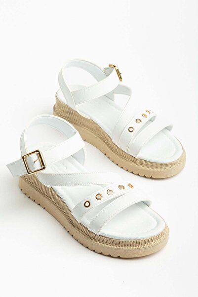 Dilimler Ayakkabı Women's Wedge Heel Sandals White Cross-Strapped Troklu