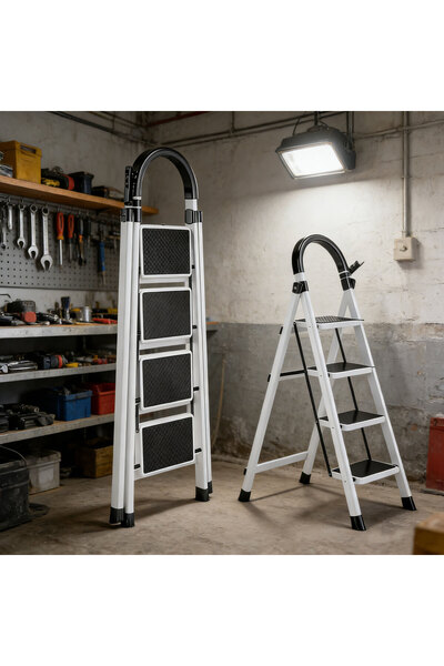 BESTONE سلم أبيض قابل للطي بأربع درجات، طوله 130 سم، مصنوع من الفولاذ المتين ...