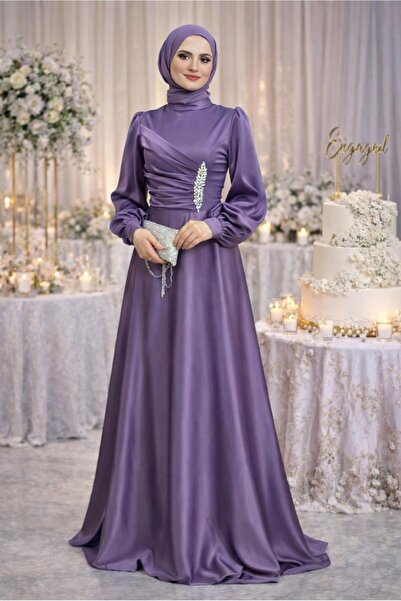 TRENDTESETTÜR KADIN MOR (LİLA) TAŞ İŞLEMELİ SATEN ABİYE T 1626