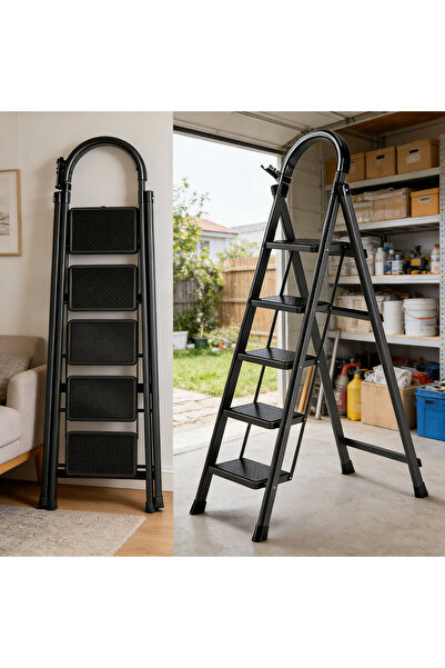 BESTONE سلم قابل للطي بخمس درجات، طوله 160 سم، لونه أسود، مصنوع من الفولاذ ال...