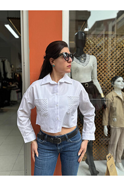 MODA Kadın Beyaz Taş Detaylı Cepli Crop Gömlek – Oversize Basic Gömlek