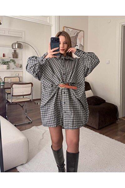 FERZOLAİO Black Plaid Oversized Long Shirt Tunic