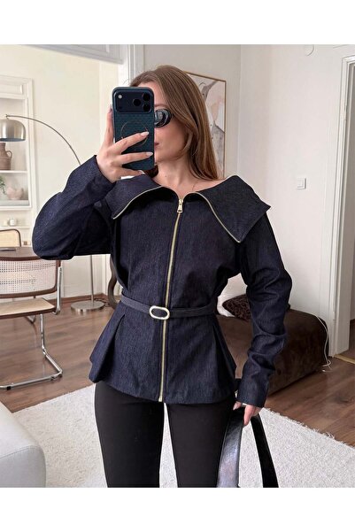 FERZOLAİO Large Collar Zippered Belt Pack Denim Shirt Jacket