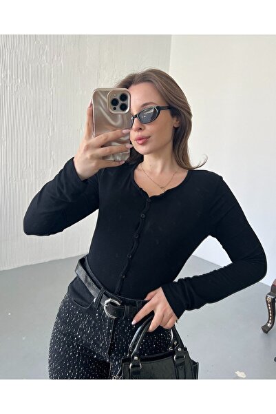 FERZOLAİO Soft Fit Buttoned Black Basic Bodysuit