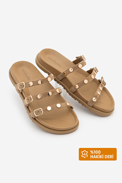 Marjin Kadın Hakiki Deri Üç Bantlı Zımbalı Günlük Terlik Zoven Camel Süet