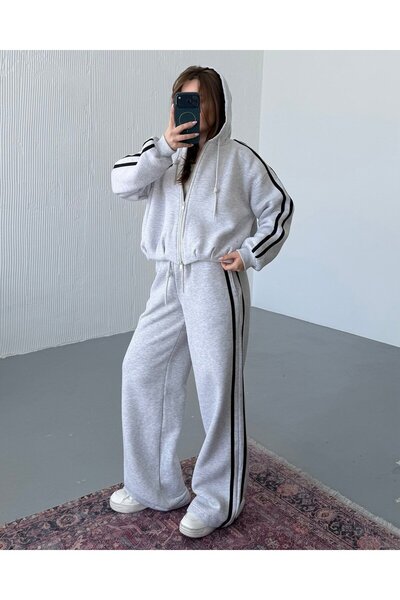FERZOLAİO Hooded Striped Gray Tracksuit Set